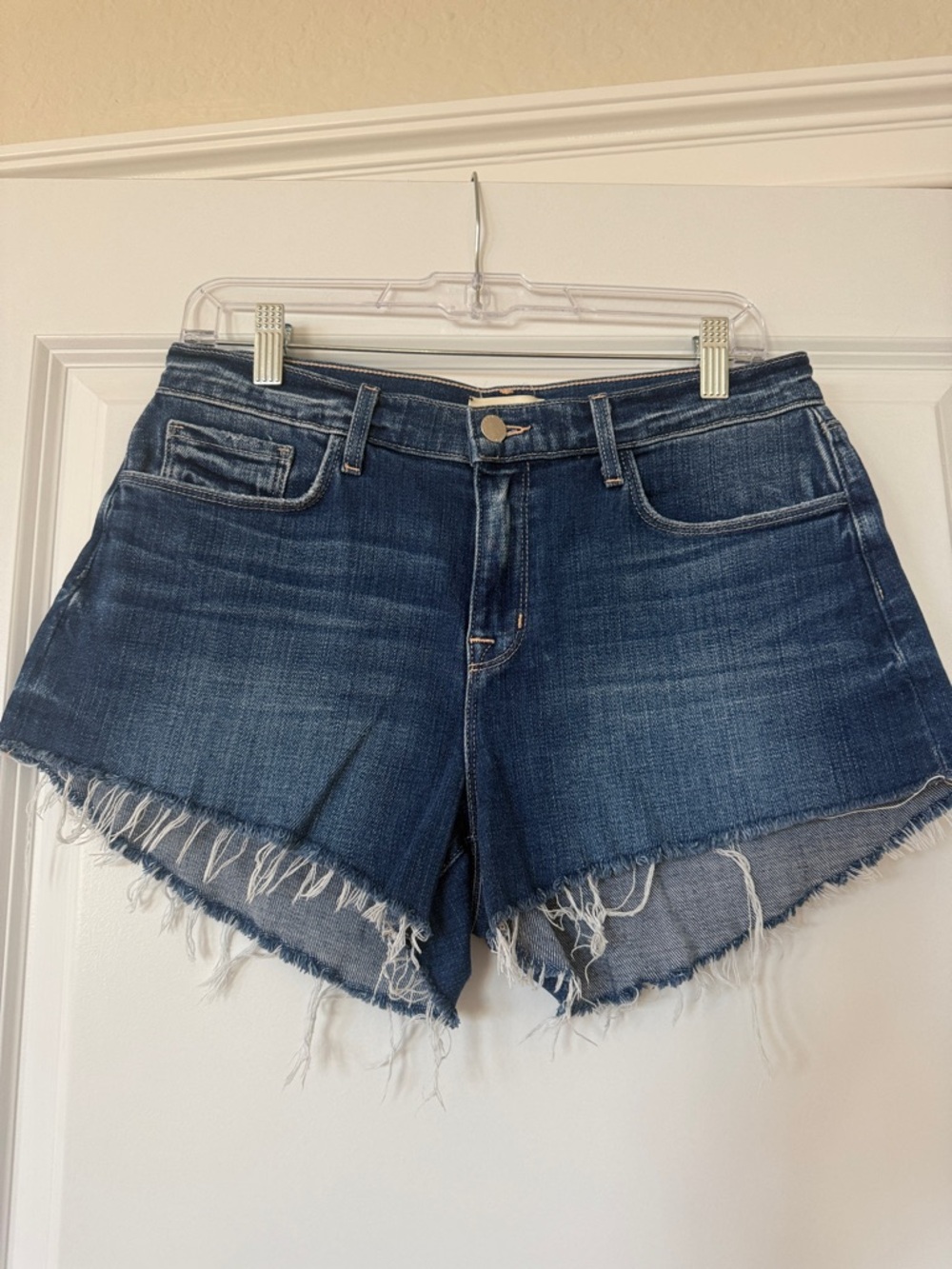 L'AGENCE Dark Blue Frayed Hem Denim Shorts Audrey in Daytona wash
